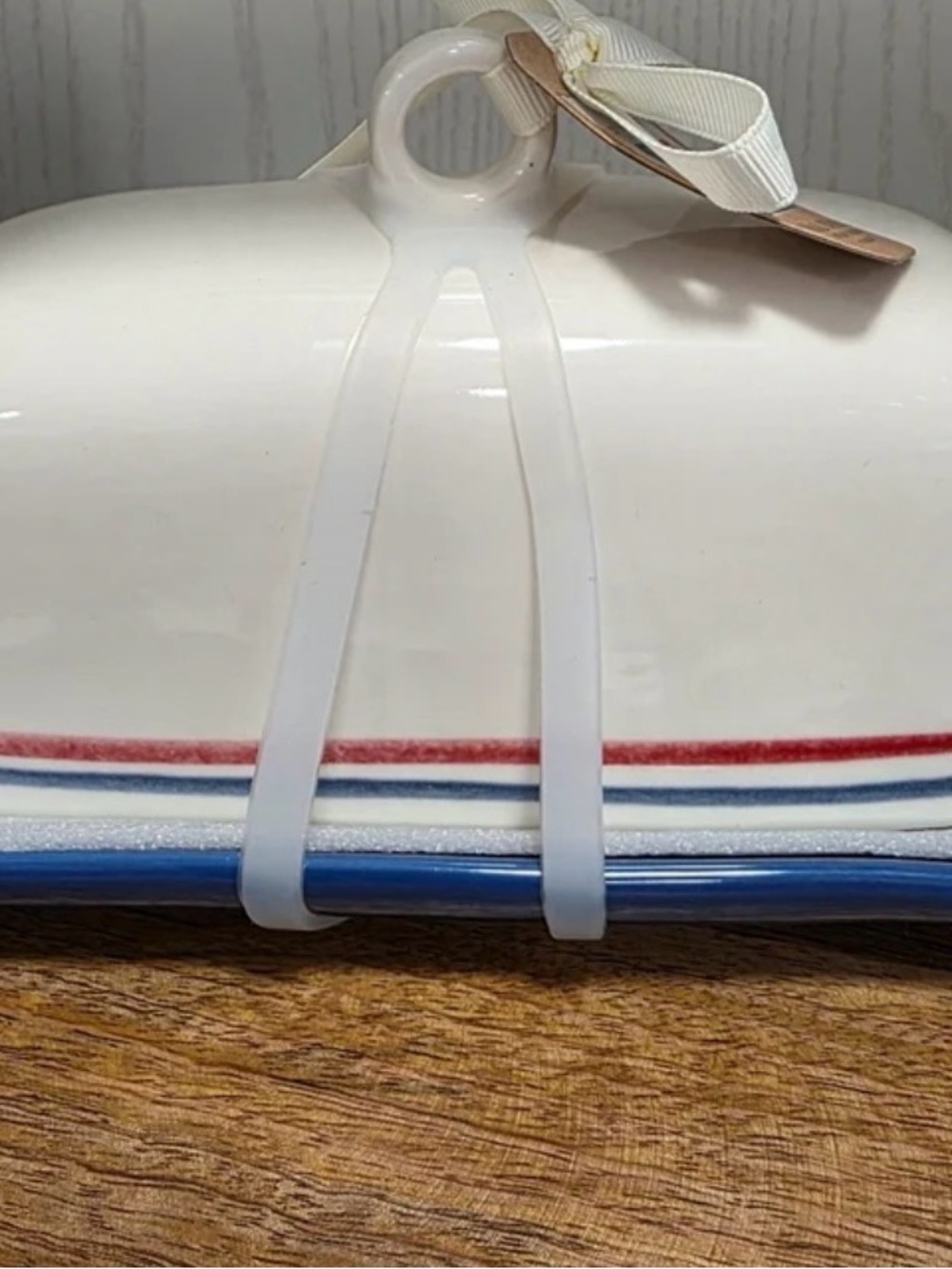 Rae Dunn Cream Butter Dish with Blue & Red Trim - Picture 3 of 4